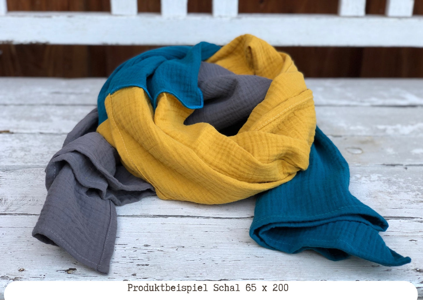 Halstuch XXL Damen, Schal, 3 farbig aus Bio Musselin, petrol gelb grau