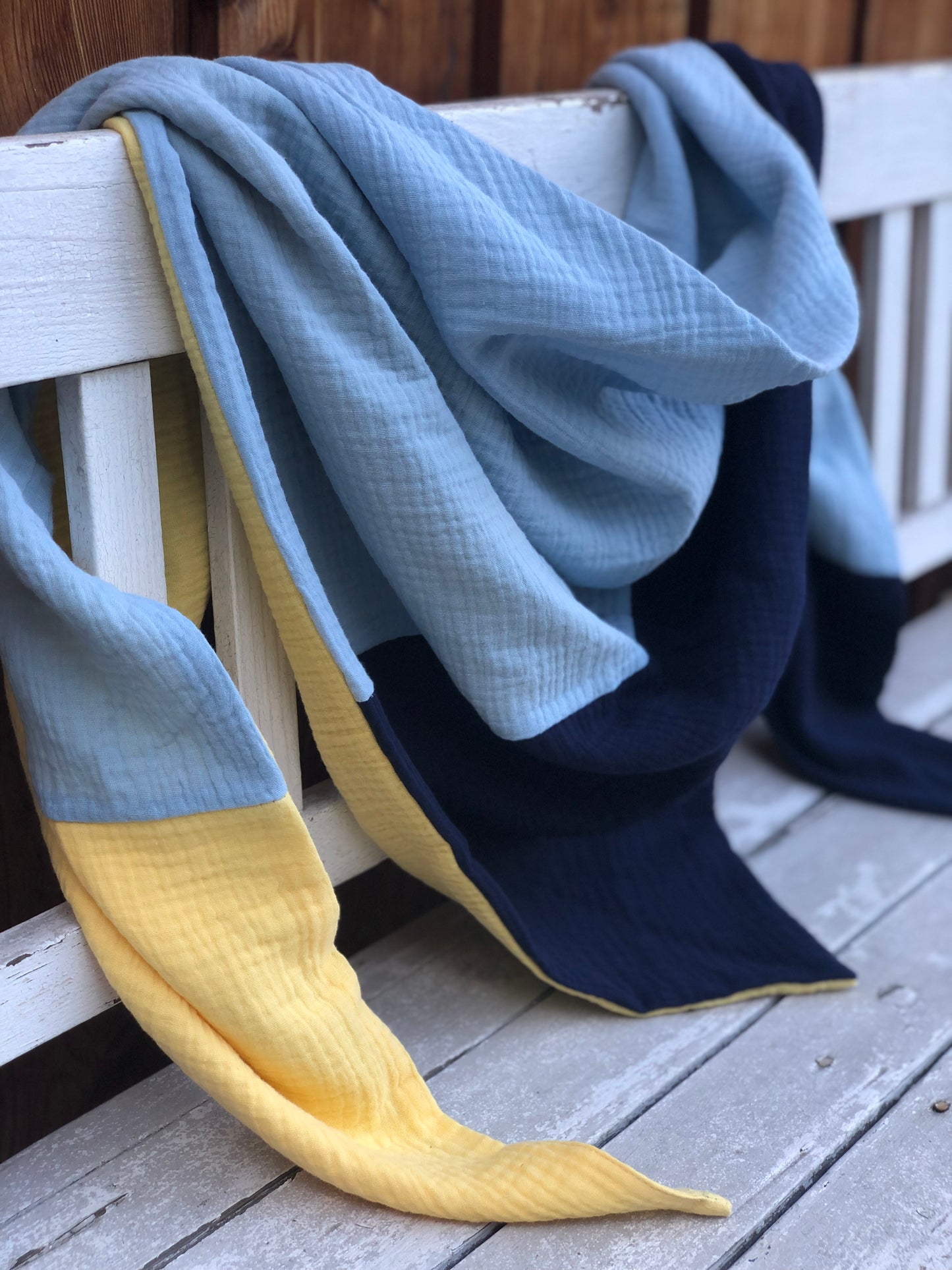 Halstuch XXL Damen, 3 farbig aus Bio Musselin, blau gelb, bunt