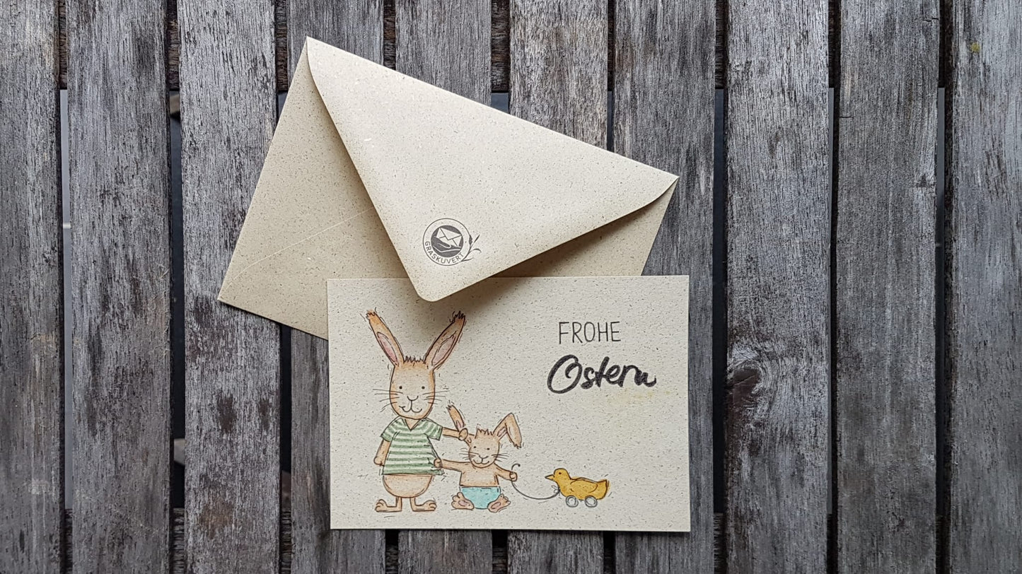 Grußkarte Ostern, handgemalt auf Graspapier, mit Kuvert