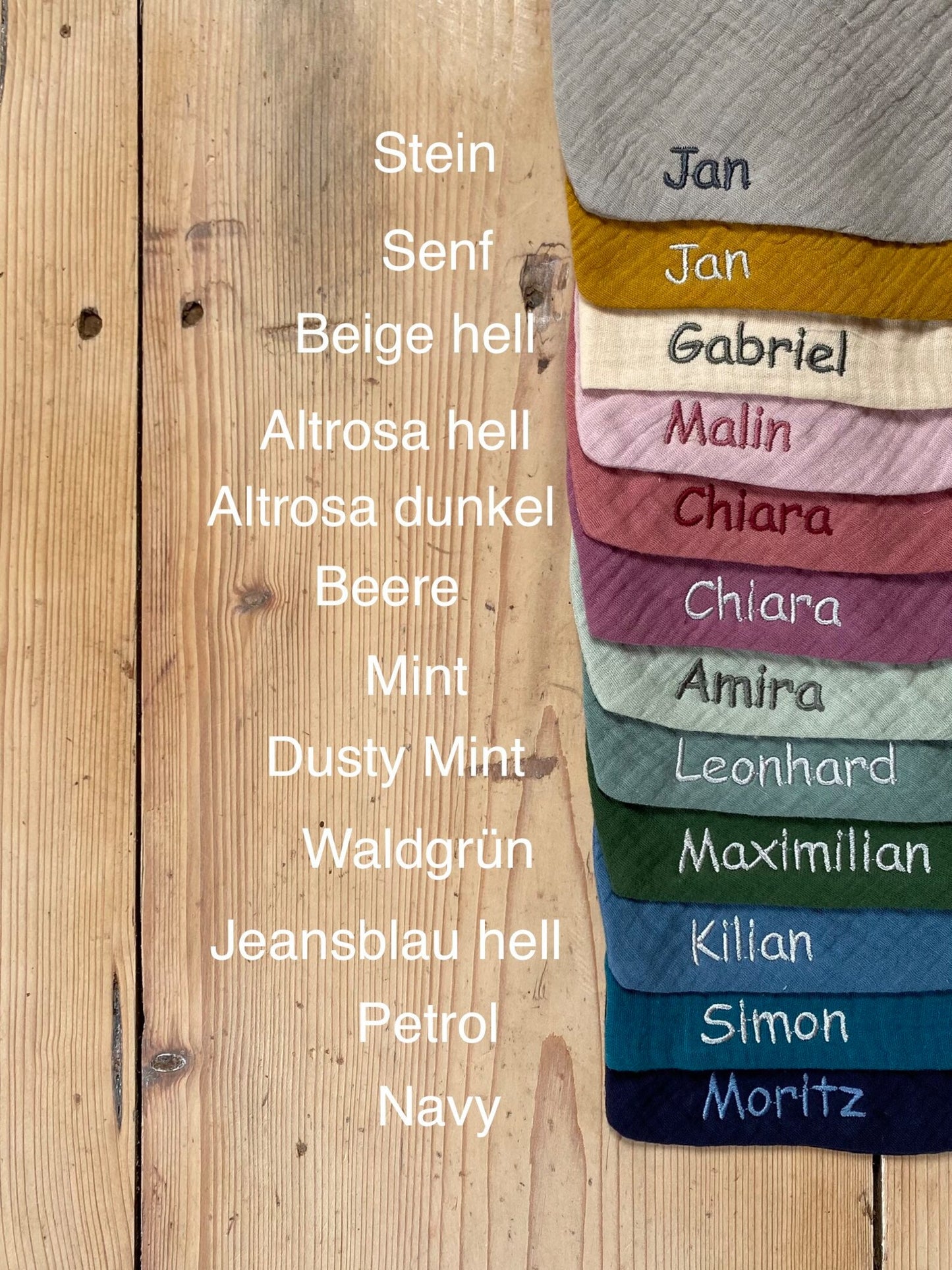 personalisiert - Schnullerkette aus Bio Musselin, Geschenk Baby Geburt, 25 Farben