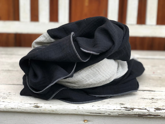 Halstuch, Musselintuch, Musselinschal aus Bio Musselin, 2 farbig grau schwarz