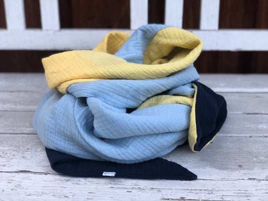 Halstuch XXL Damen, 3 farbig aus Bio Musselin, blau gelb, bunt