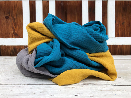 Halstuch XXL Damen, Schal, 3 farbig aus Bio Musselin, petrol gelb grau