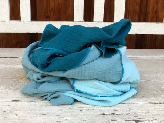 Halstuch Damen XXL aus Bio Musselin, 3 farbig petrol blau